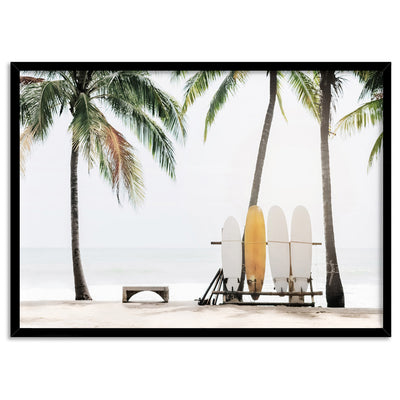 Hawaii Surfboards & Palms - Art Print, Poster, Stretched Canvas, or Framed Wall Art Print, shown in a black frame