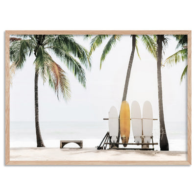 Hawaii Surfboards & Palms - Art Print, Poster, Stretched Canvas, or Framed Wall Art Print, shown in a natural timber frame