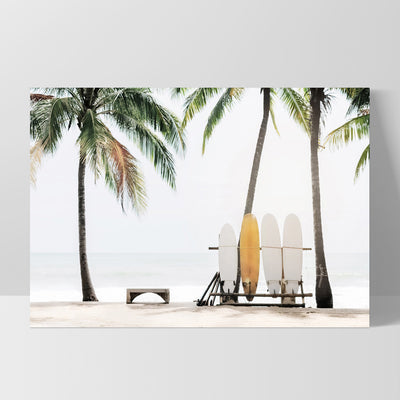 Hawaii Surfboards & Palms - Art Print, Poster, Stretched Canvas, or Framed Wall Art Print, shown as a stretched canvas or poster without a frame