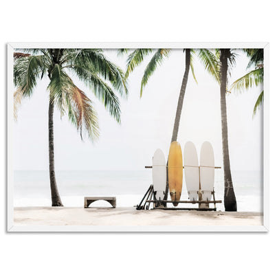 Hawaii Surfboards & Palms - Art Print, Poster, Stretched Canvas, or Framed Wall Art Print, shown in a white frame