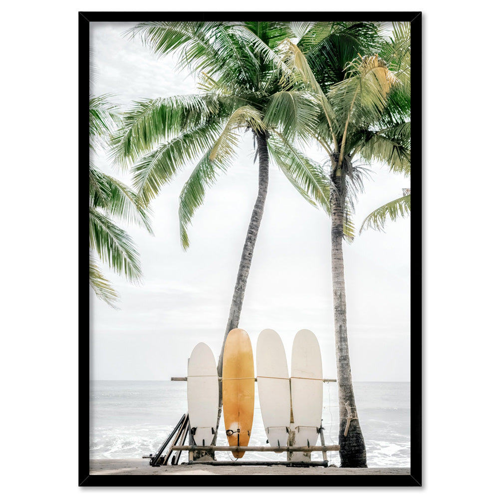 Hawaii Surfboards & Palms II - Art Print, Poster, Stretched Canvas, or Framed Wall Art Print, shown in a black frame
