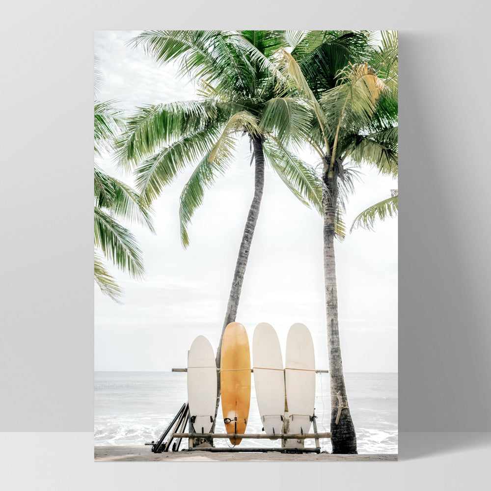 Hawaii Surfboards & Palms II - Art Print, Poster, Stretched Canvas, or Framed Wall Art Print, shown as a stretched canvas or poster without a frame
