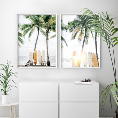 Hawaii Surfboards & Palms II - Art Print, Poster, Stretched Canvas or Framed Wall Art, shown framed in a home interior space