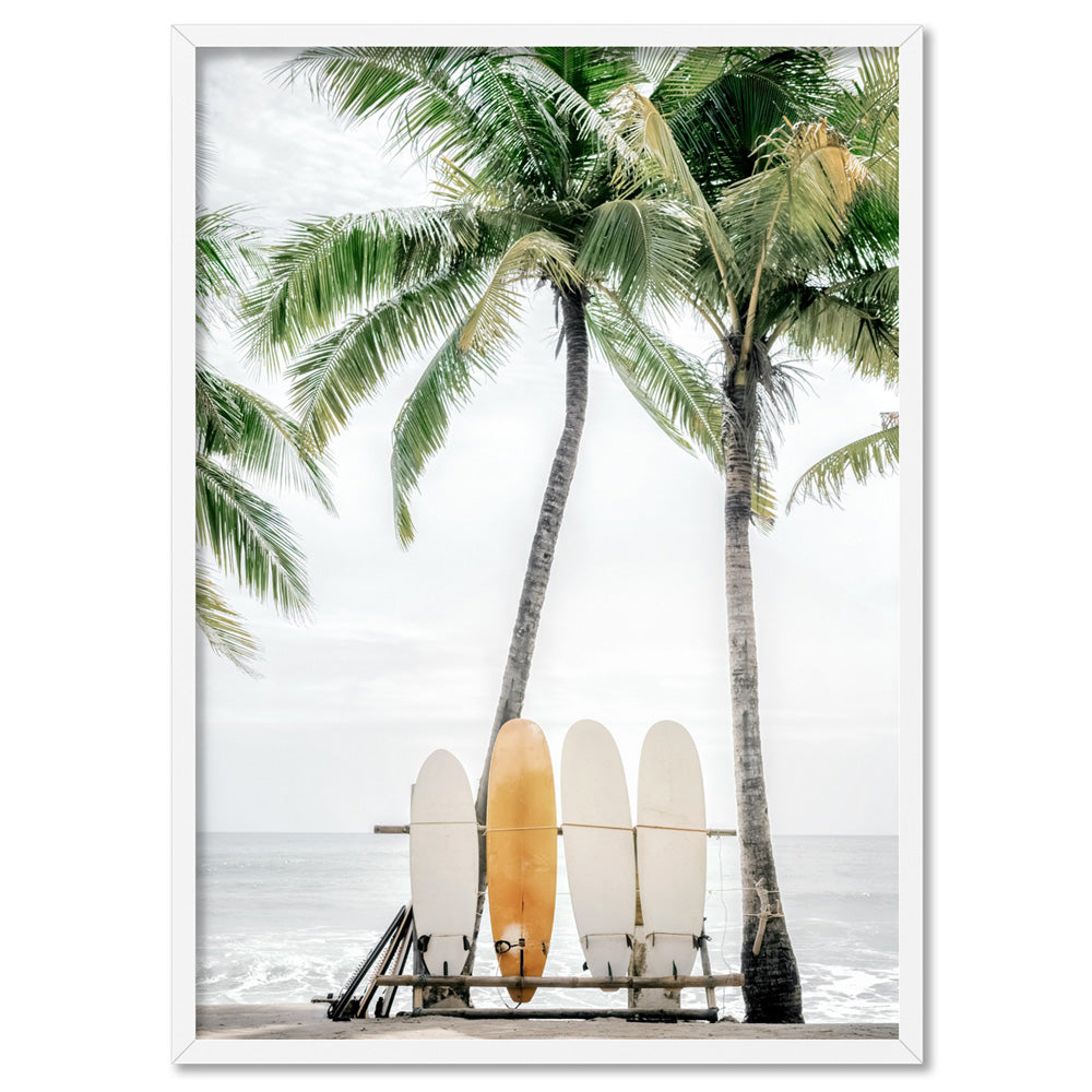 Hawaii Surfboards & Palms II - Art Print, Poster, Stretched Canvas, or Framed Wall Art Print, shown in a white frame