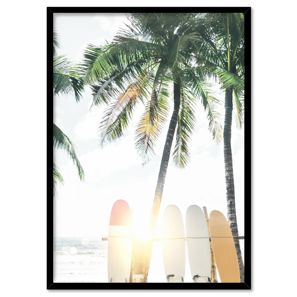 Hawaii Surfboards & Palms III - Art Print, Poster, Stretched Canvas, or Framed Wall Art Print, shown in a black frame