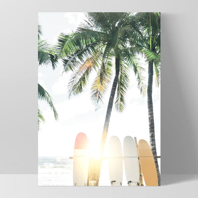 Hawaii Surfboards & Palms III - Art Print, Poster, Stretched Canvas, or Framed Wall Art Print, shown as a stretched canvas or poster without a frame