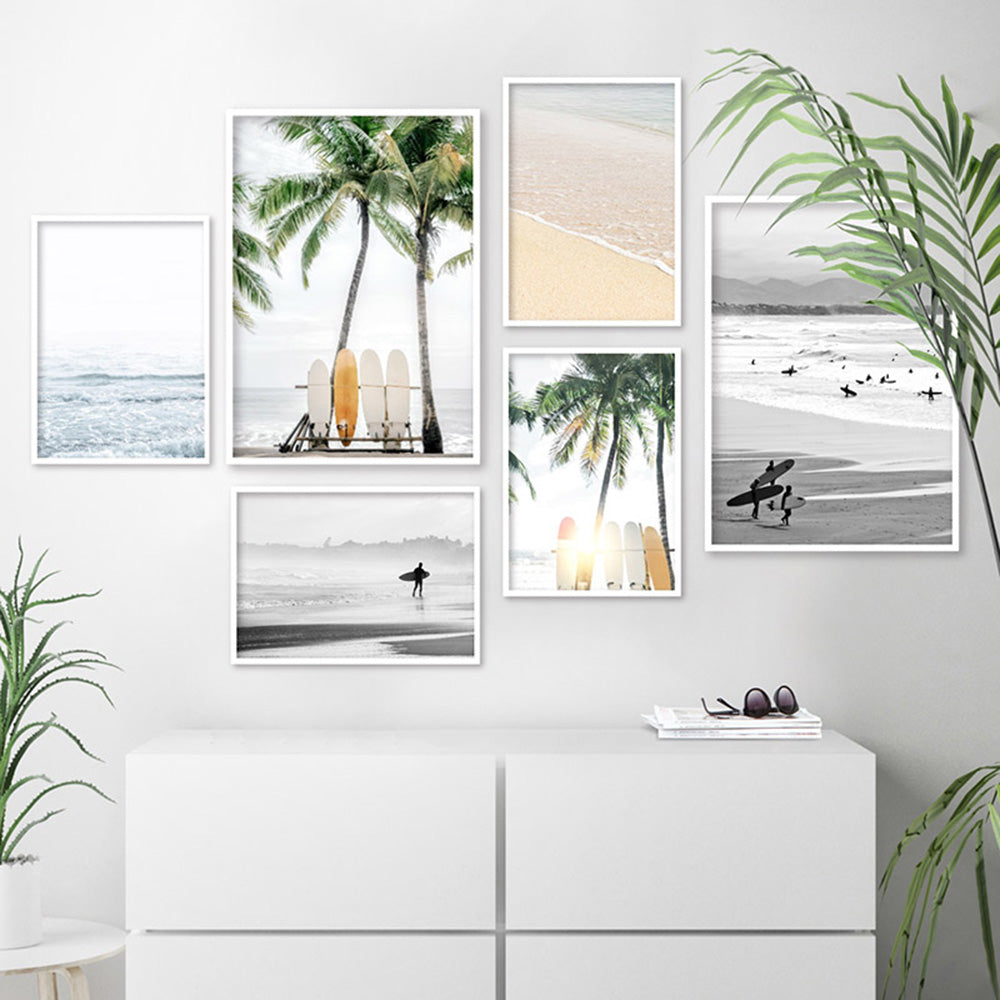 Hawaii Surfboards & Palms III - Art Print, Poster, Stretched Canvas or Framed Wall Art, shown framed in a home interior space