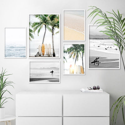 Hawaii Surfboards & Palms III - Art Print, Poster, Stretched Canvas or Framed Wall Art, shown framed in a home interior space