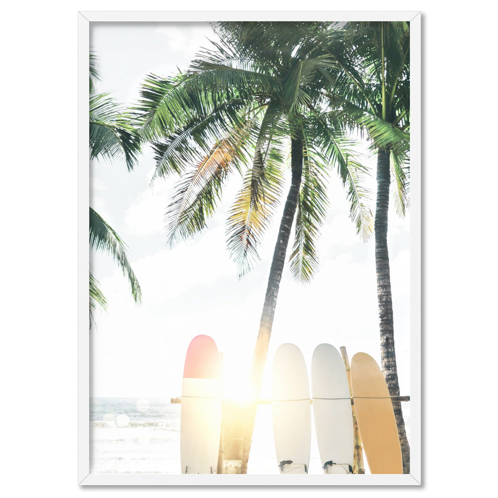 Hawaii Surfboards & Palms III - Art Print, Poster, Stretched Canvas, or Framed Wall Art Print, shown in a white frame