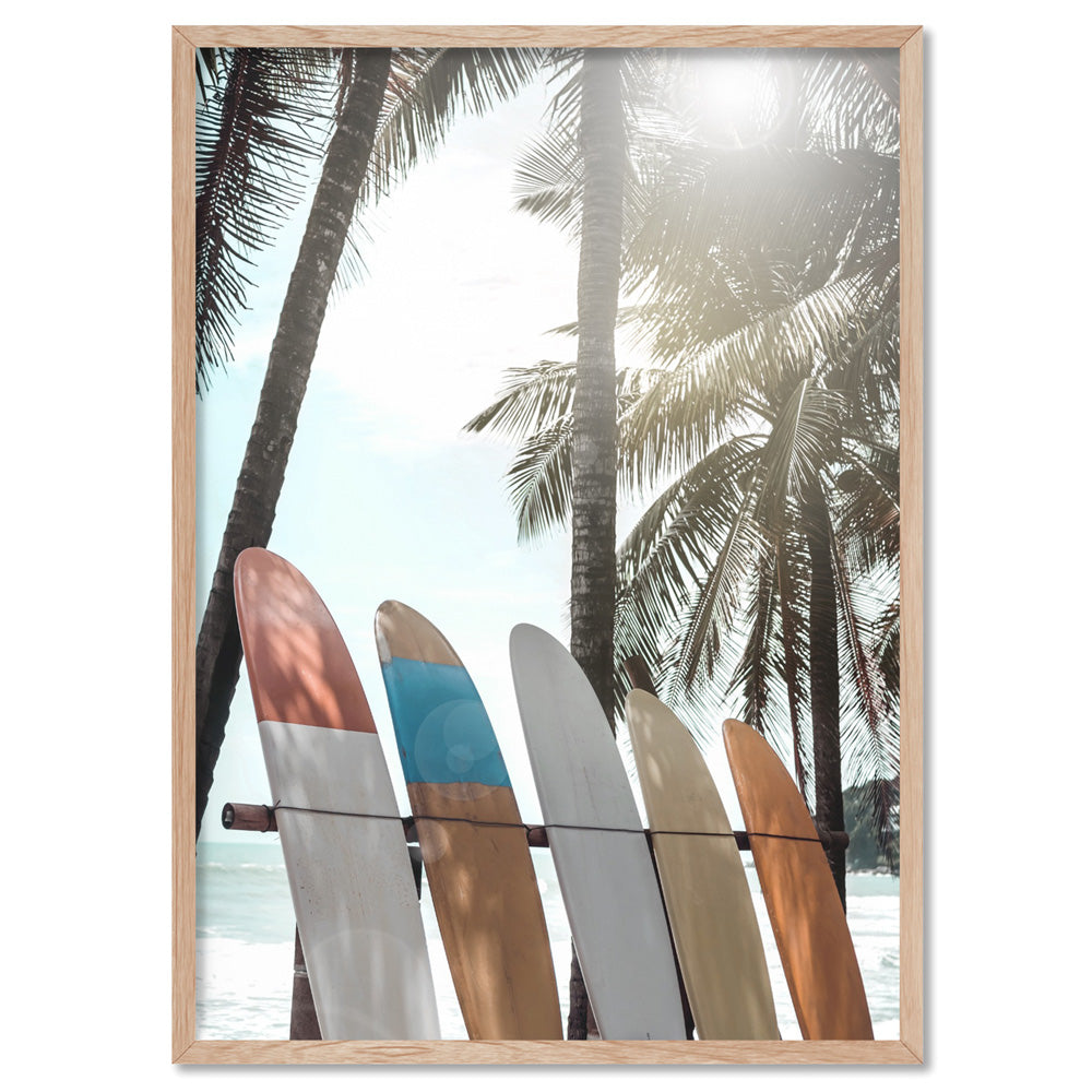 Hawaii Surfboards & Palms IV - Art Print, Poster, Stretched Canvas, or Framed Wall Art Print, shown in a natural timber frame