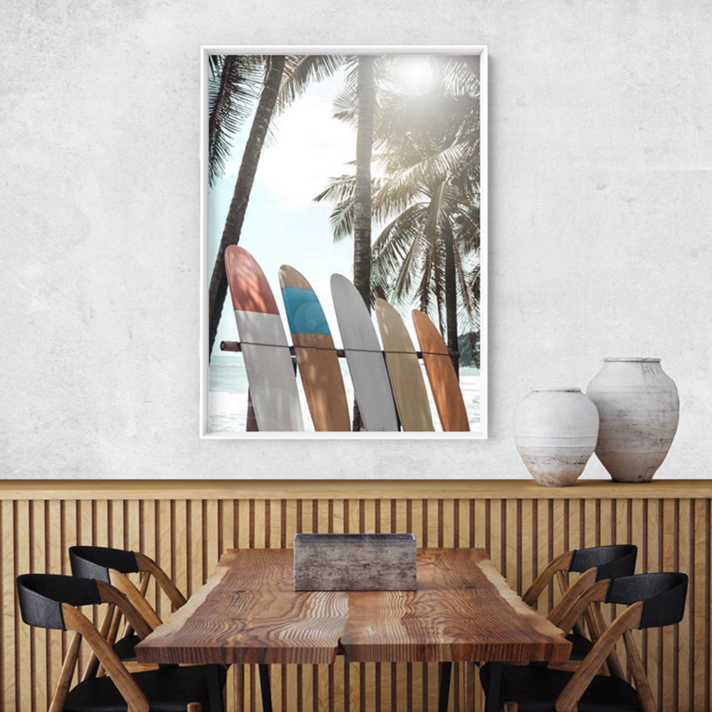 Hawaii Surfboards & Palms IV - Art Print, Poster, Stretched Canvas or Framed Wall Art, shown framed in a room