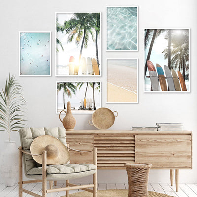 Hawaii Surfboards & Palms IV - Art Print, Poster, Stretched Canvas or Framed Wall Art, shown framed in a home interior space