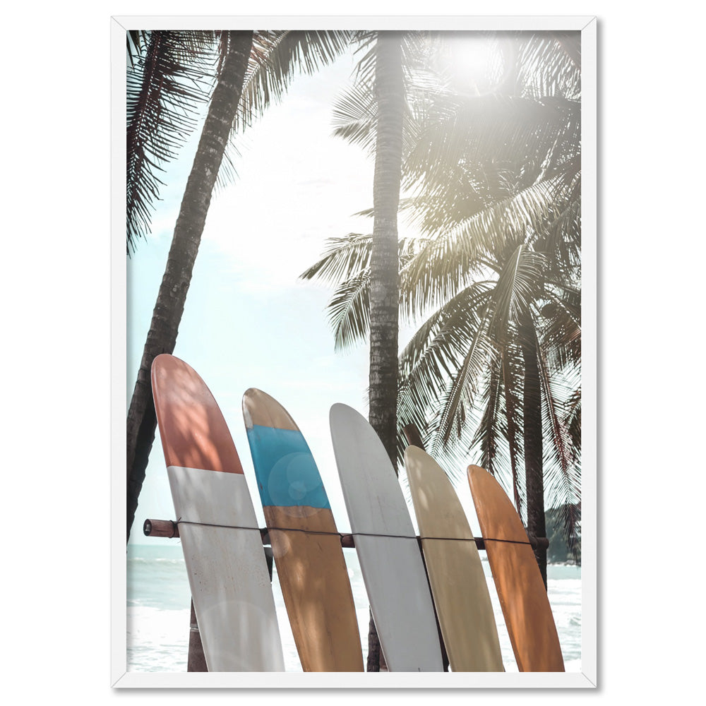 Hawaii Surfboards & Palms IV - Art Print, Poster, Stretched Canvas, or Framed Wall Art Print, shown in a white frame