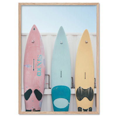Pastel Surfboard Beach Showers - Art Print, Poster, Stretched Canvas, or Framed Wall Art Print, shown in a natural timber frame