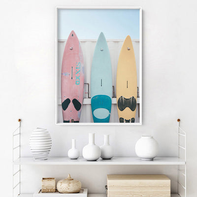 Pastel Surfboard Beach Showers - Art Print, Poster, Stretched Canvas or Framed Wall Art Prints, shown framed in a room