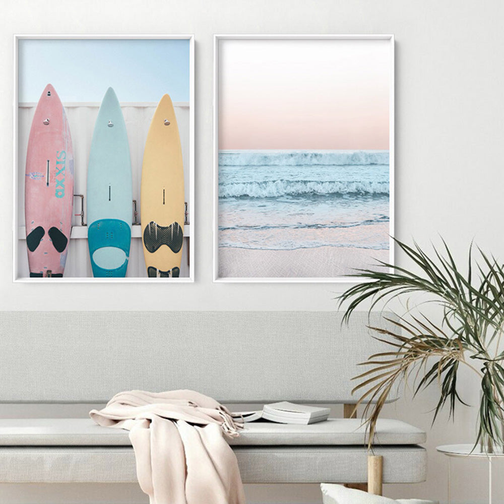 Pastel Surfboard Beach Showers - Art Print, Poster, Stretched Canvas or Framed Wall Art, shown framed in a home interior space