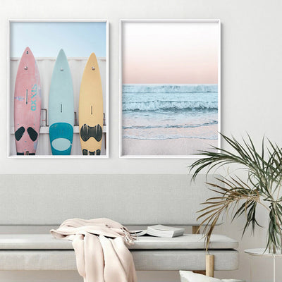 Pastel Surfboard Beach Showers - Art Print, Poster, Stretched Canvas or Framed Wall Art, shown framed in a home interior space