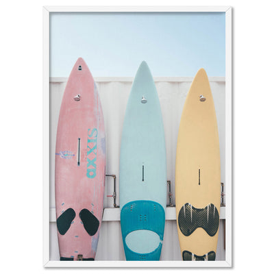 Pastel Surfboard Beach Showers - Art Print, Poster, Stretched Canvas, or Framed Wall Art Print, shown in a white frame