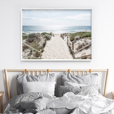 Scarborough Beach Entrance Perth- Art Print, Poster, Stretched Canvas or Framed Wall Art, shown framed in a room