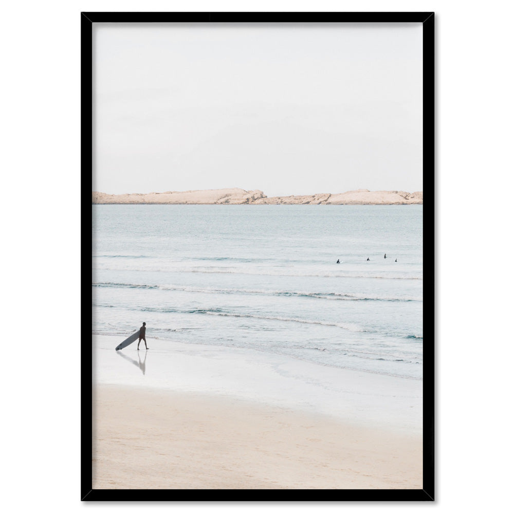 Sandy Beach, Surfer & Ocean Waves in Pastels - Art Print, Poster, Stretched Canvas, or Framed Wall Art Print, shown in a black frame