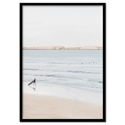 Sandy Beach, Surfer & Ocean Waves in Pastels - Art Print, Poster, Stretched Canvas, or Framed Wall Art Print, shown in a black frame