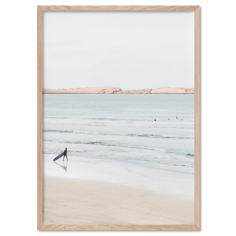 Sandy Beach, Surfer & Ocean Waves in Pastels - Art Print, Poster, Stretched Canvas, or Framed Wall Art Print, shown in a natural timber frame