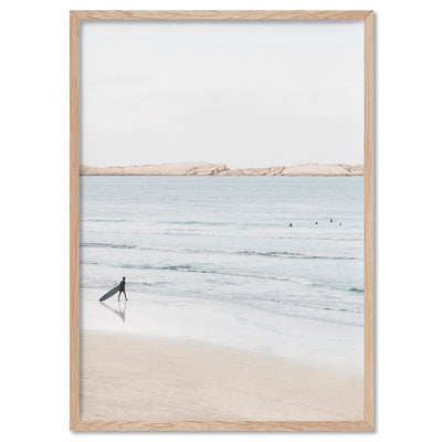 Sandy Beach, Surfer & Ocean Waves in Pastels - Art Print, Poster, Stretched Canvas, or Framed Wall Art Print, shown in a natural timber frame