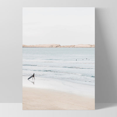 Sandy Beach, Surfer & Ocean Waves in Pastels - Art Print, Poster, Stretched Canvas, or Framed Wall Art Print, shown as a stretched canvas or poster without a frame