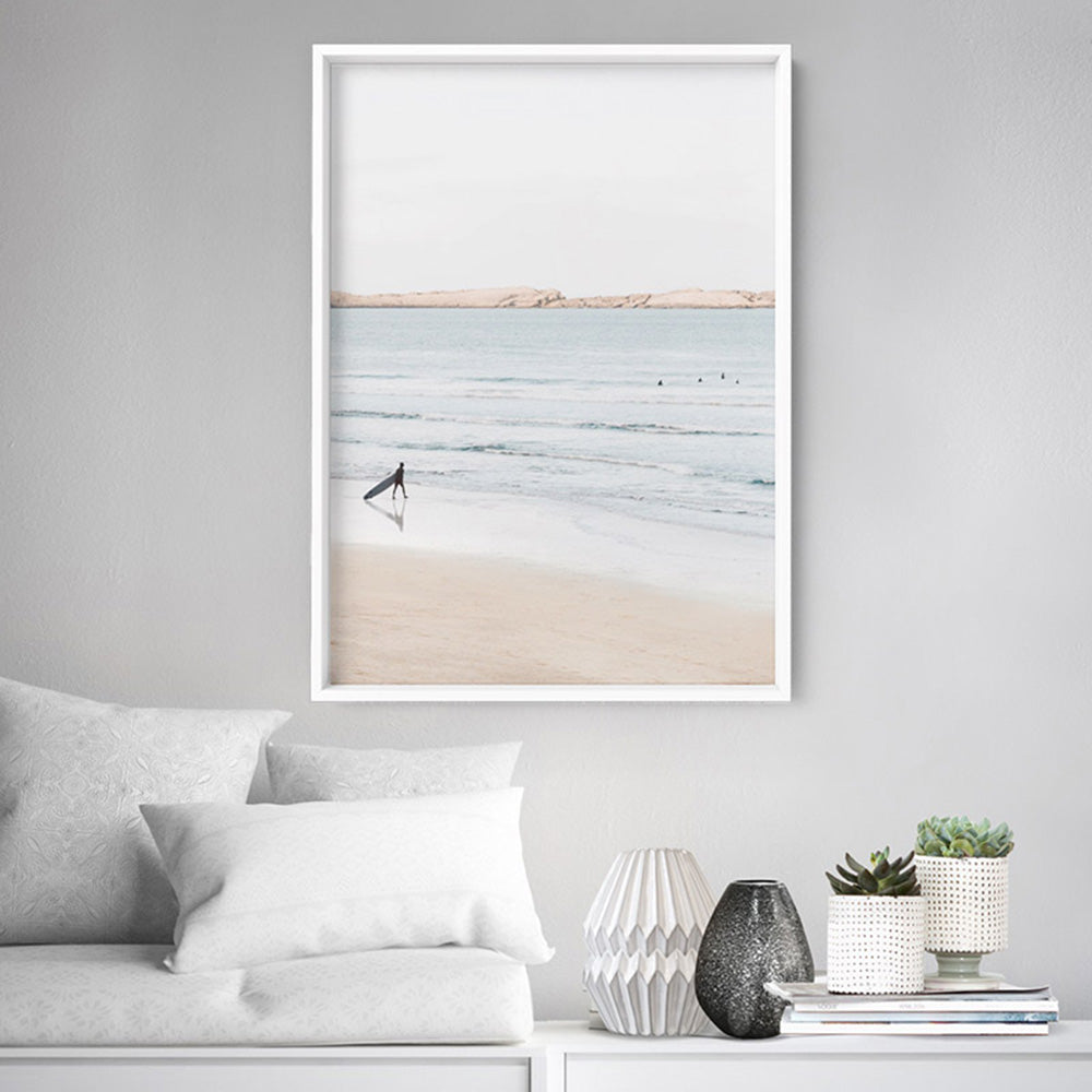 Sandy Beach, Surfer & Ocean Waves in Pastels - Art Print, Poster, Stretched Canvas or Framed Wall Art, shown framed in a room