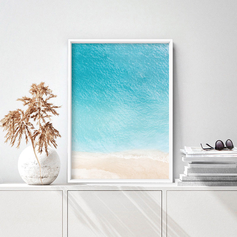 Into the Blue Ocean - Art Print, Poster, Stretched Canvas or Framed Wall Art, shown framed in a room