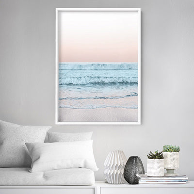 Beach View at Dusk, in Pastels  - Art Print, Poster, Stretched Canvas or Framed Wall Art, shown framed in a room