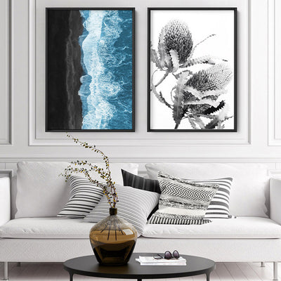 Waves Crashing into Black Sand Beach - Art Print, Poster, Stretched Canvas or Framed Wall Art, shown framed in a home interior space