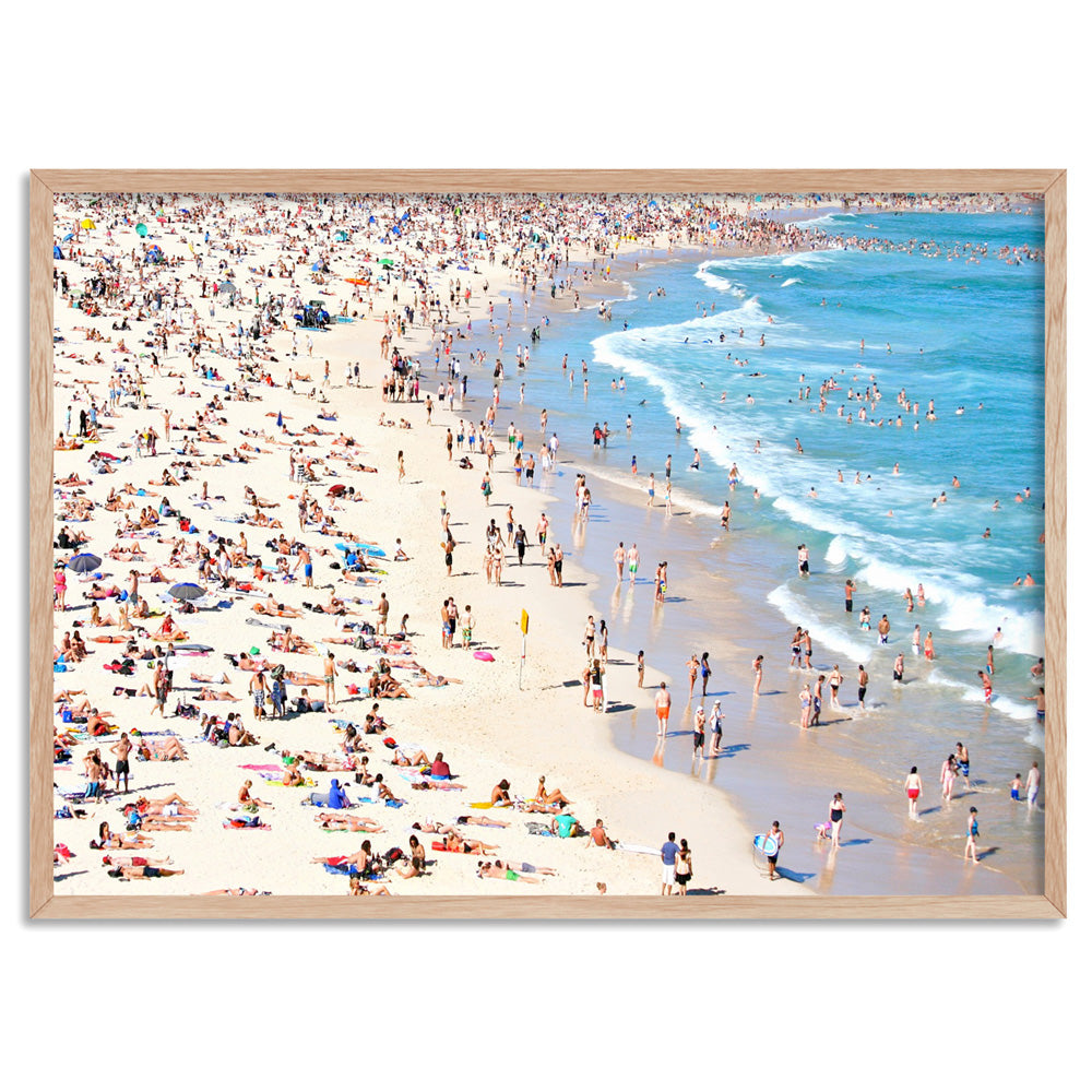 Iconic Bondi Beach in Summer - Art Print, Poster, Stretched Canvas, or Framed Wall Art Print, shown in a natural timber frame