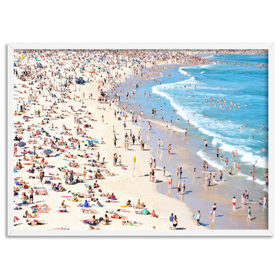 Iconic Bondi Beach in Summer - Art Print, Poster, Stretched Canvas, or Framed Wall Art Print, shown in a white frame