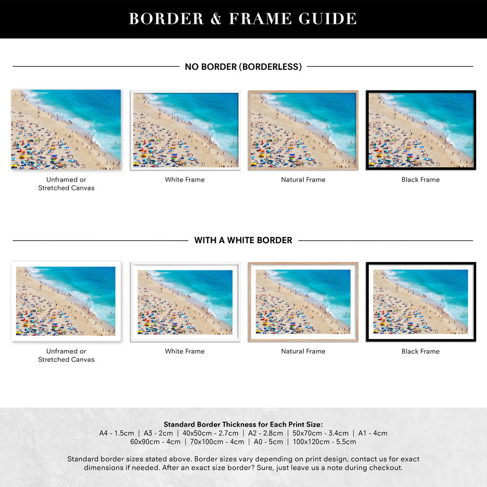 Summer on the Beach - Art Print, Poster, Stretched Canvas or Framed Wall Art, Showing White , Black, Natural Frame Colours, No Frame (Unframed) or Stretched Canvas, and With or Without White Borders