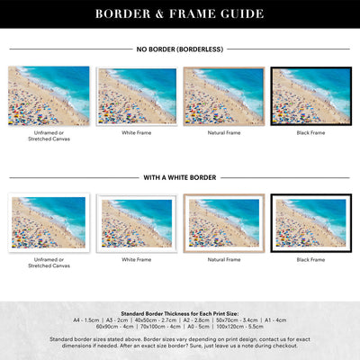 Summer on the Beach - Art Print, Poster, Stretched Canvas or Framed Wall Art, Showing White , Black, Natural Frame Colours, No Frame (Unframed) or Stretched Canvas, and With or Without White Borders