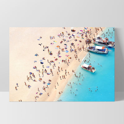 Boats Docking on Crowded Summer Beach - Art Print, Poster, Stretched Canvas, or Framed Wall Art Print, shown as a stretched canvas or poster without a frame