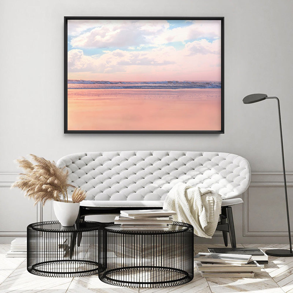 Pastel Candy Beach Horizon - Art Print, Poster, Stretched Canvas or Framed Wall Art, shown framed in a room