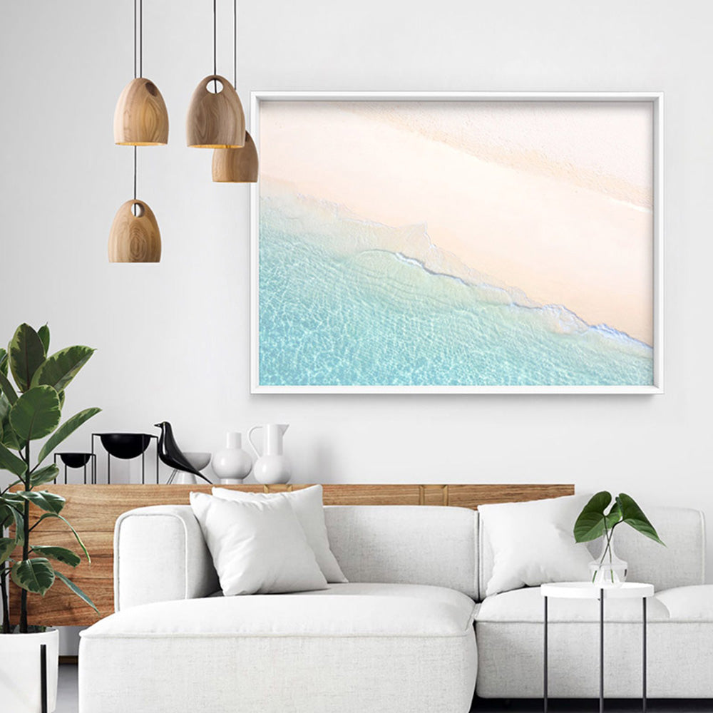 From Above | Whitehaven Beach - Art Print, Poster, Stretched Canvas or Framed Wall Art, shown framed in a room