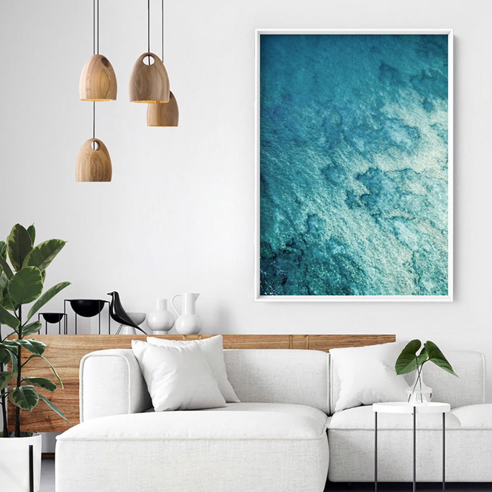 From Above | Coral Reef I - Art Print, Poster, Stretched Canvas or Framed Wall Art, shown framed in a room