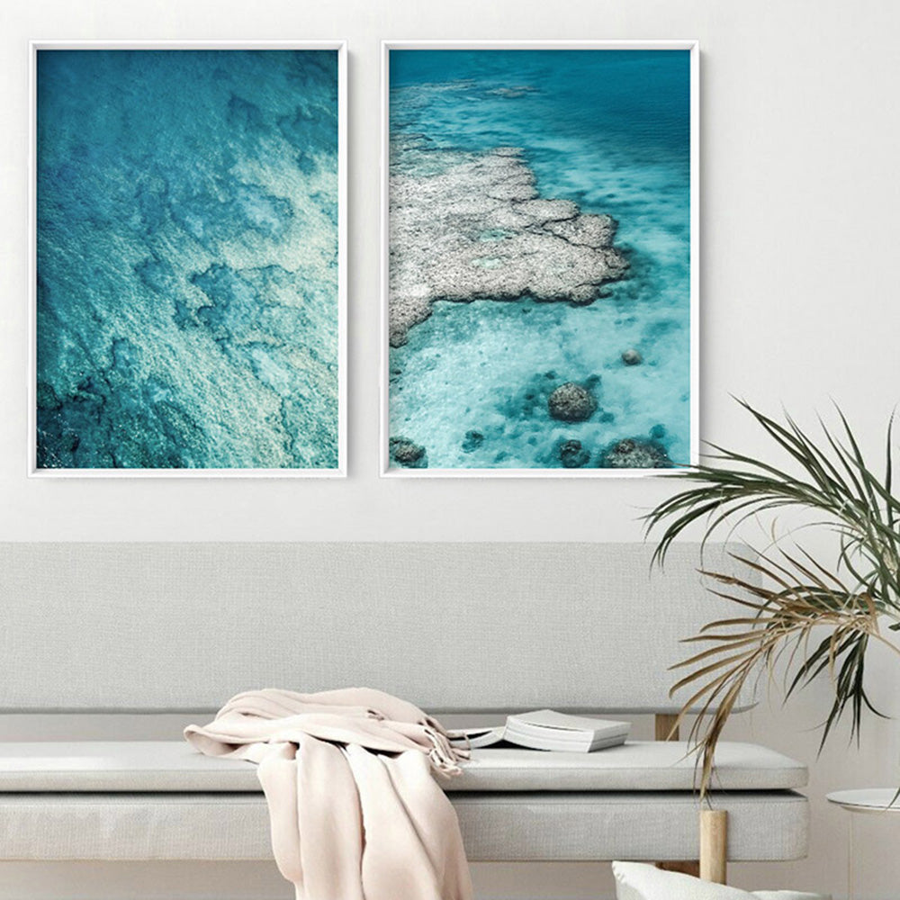 From Above | Coral Reef I - Art Print, Poster, Stretched Canvas or Framed Wall Art, shown framed in a home interior space