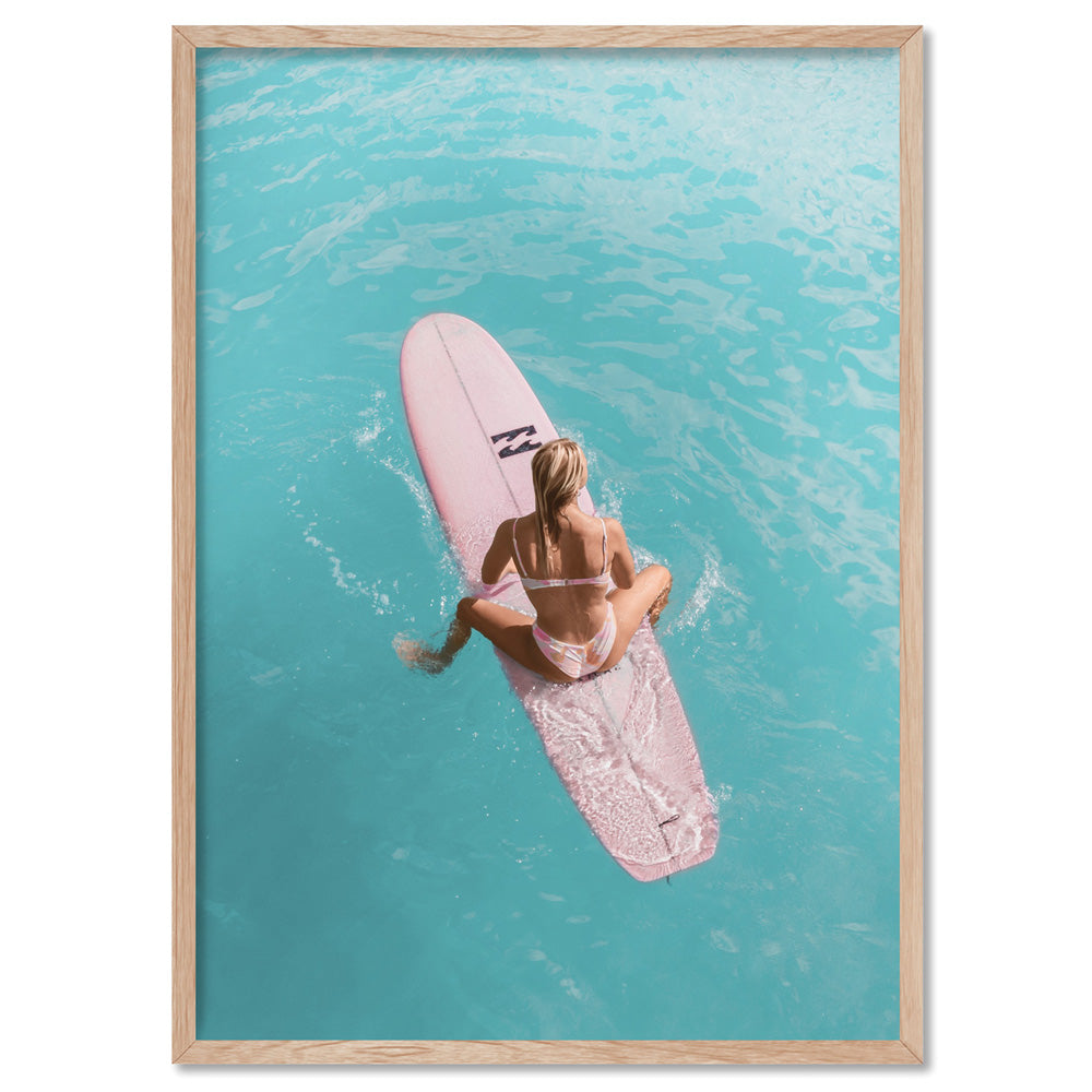 Surfer Girl | Pink Surfboard - Art Print, Poster, Stretched Canvas, or Framed Wall Art Print, shown in a natural timber frame