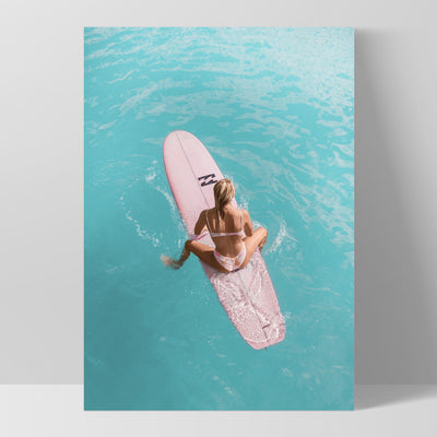 Surfer Girl | Pink Surfboard - Art Print, Poster, Stretched Canvas, or Framed Wall Art Print, shown as a stretched canvas or poster without a frame