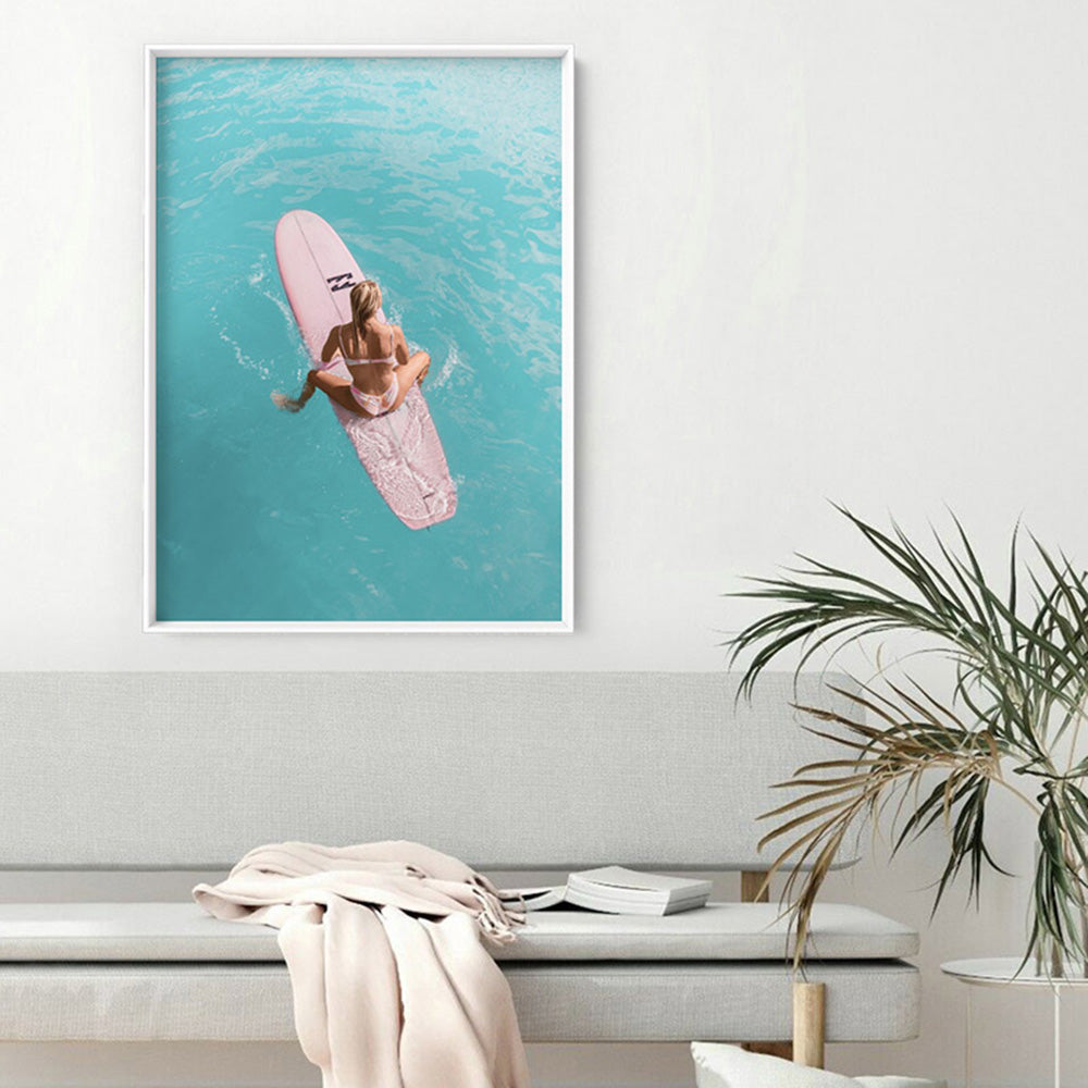 Surfer Girl | Pink Surfboard - Art Print, Poster, Stretched Canvas or Framed Wall Art, shown framed in a room