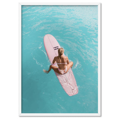 Surfer Girl | Pink Surfboard - Art Print, Poster, Stretched Canvas, or Framed Wall Art Print, shown in a white frame