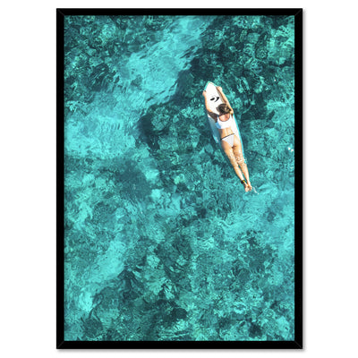 Aerial Ocean Surfer Girl - Art Print, Poster, Stretched Canvas, or Framed Wall Art Print, shown in a black frame