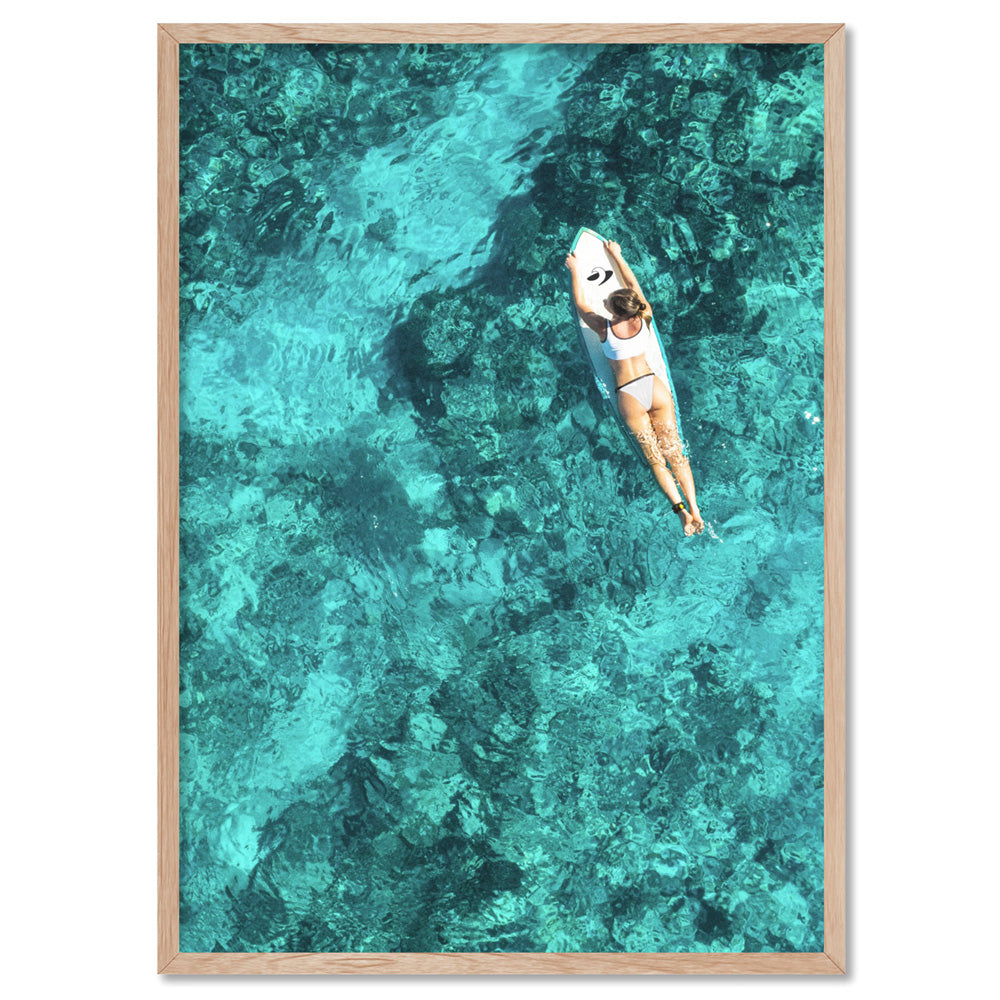 Aerial Ocean Surfer Girl - Art Print, Poster, Stretched Canvas, or Framed Wall Art Print, shown in a natural timber frame