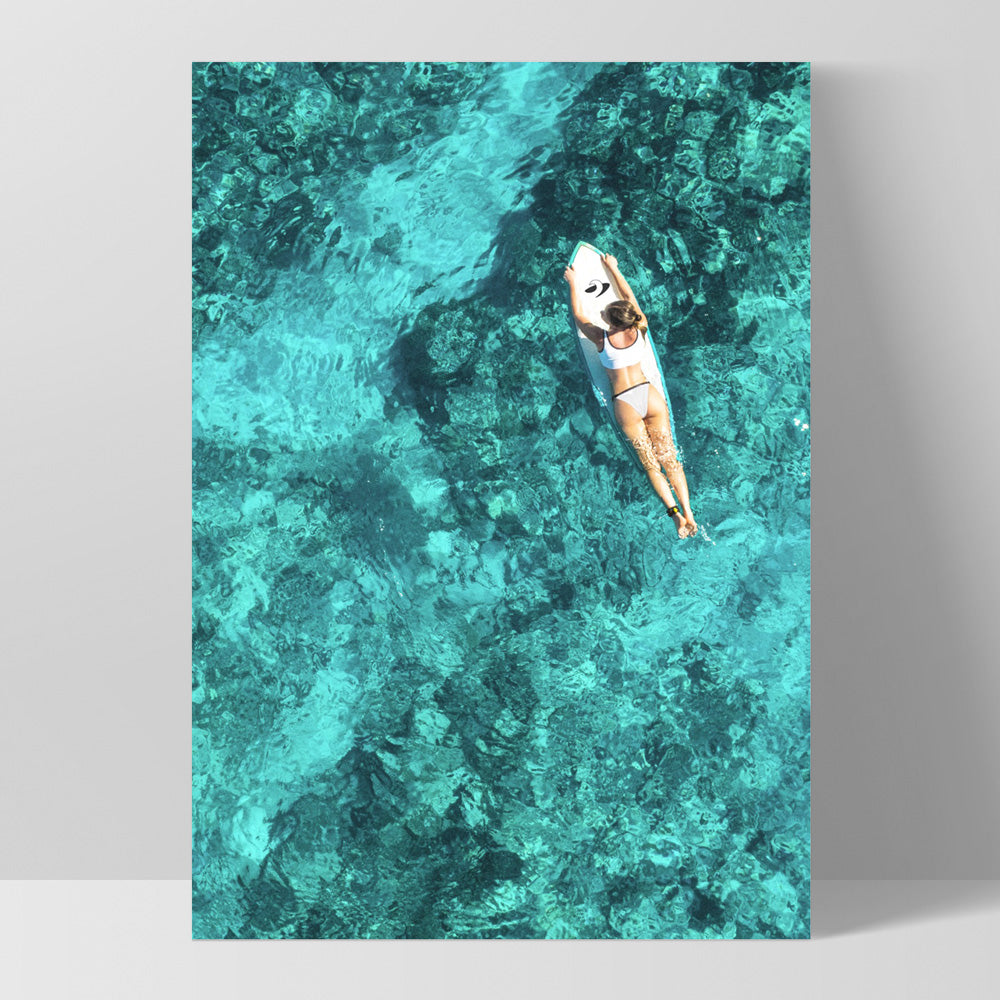 Aerial Ocean Surfer Girl - Art Print, Poster, Stretched Canvas, or Framed Wall Art Print, shown as a stretched canvas or poster without a frame