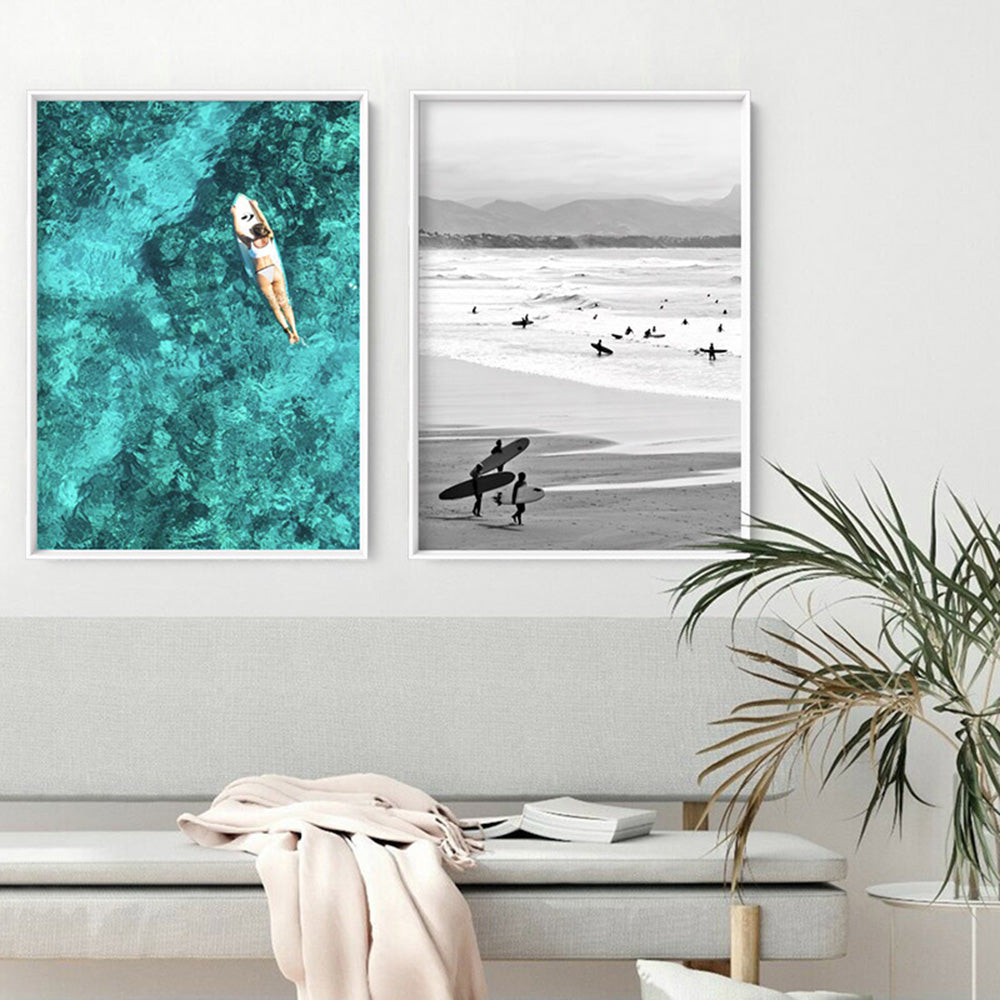 Aerial Ocean Surfer Girl - Art Print, Poster, Stretched Canvas or Framed Wall Art, shown framed in a home interior space