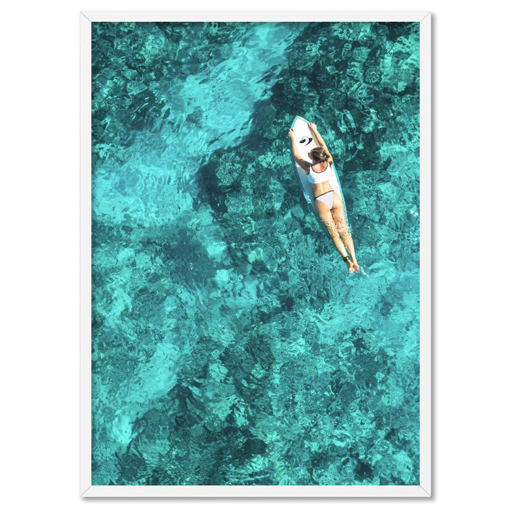 Aerial Ocean Surfer Girl - Art Print, Poster, Stretched Canvas, or Framed Wall Art Print, shown in a white frame